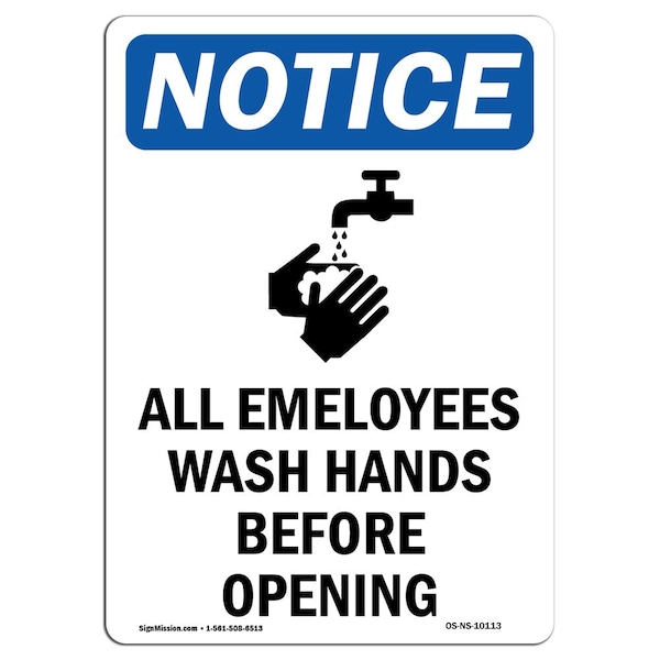 Safety Sign, OSHA Notice, 5" Height, All Employees Wash Sign With Symbol, Portrait, 10PK